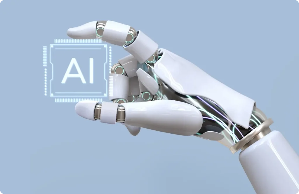 robot qui tient un logo AI entre ses doigts